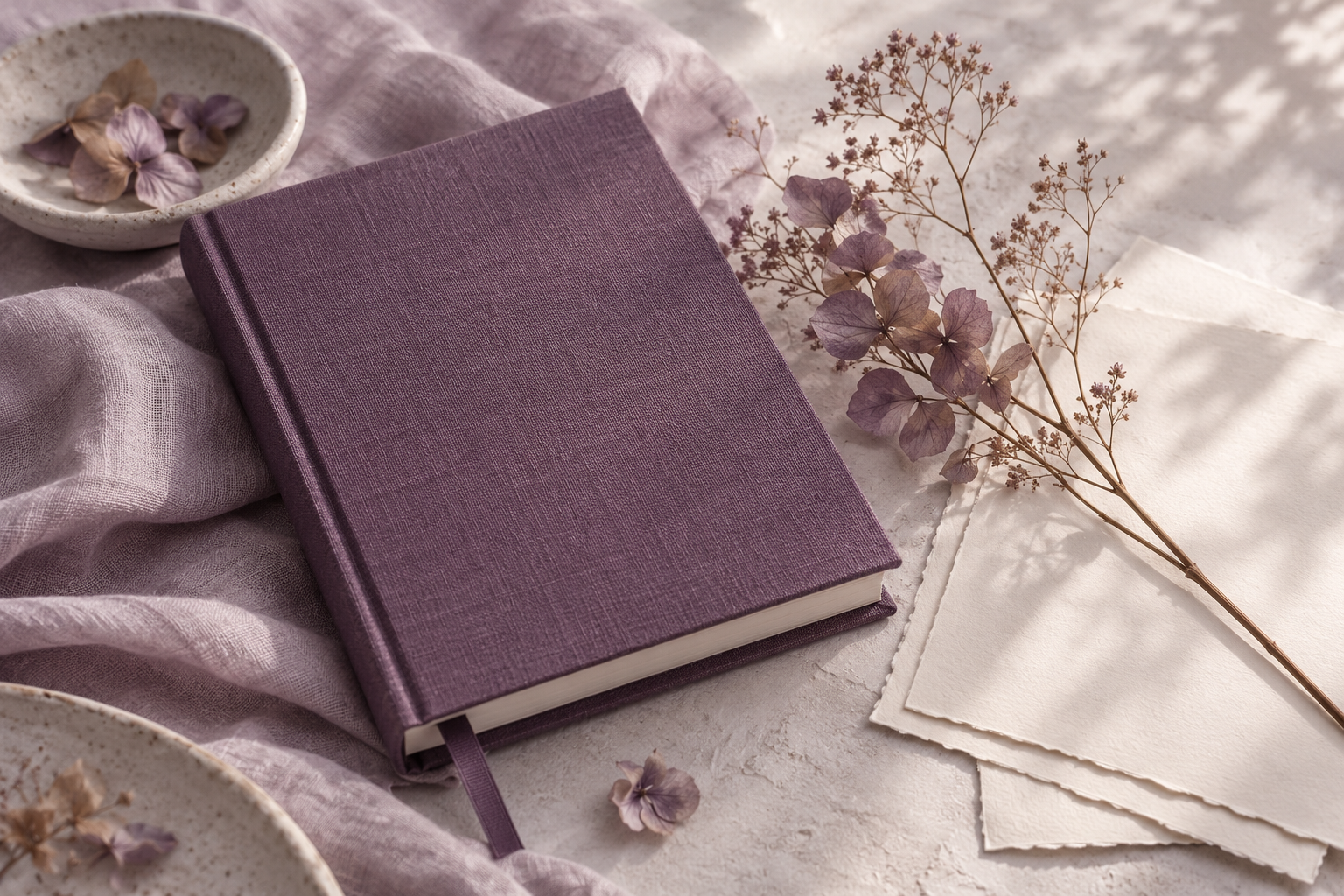 closed unbranded plum linen journal beside dried flower and blank cream papers, poetic editorial still life, no text